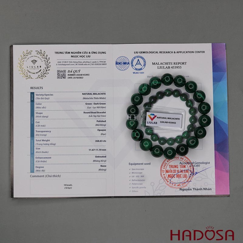 Vòng tay đá Lông Công  Malachite 11mm chuẩn 5A