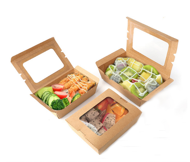 Hộp giấy đựng đồ ăn kraft 1600ml – nắp cửa sổ bóng kính