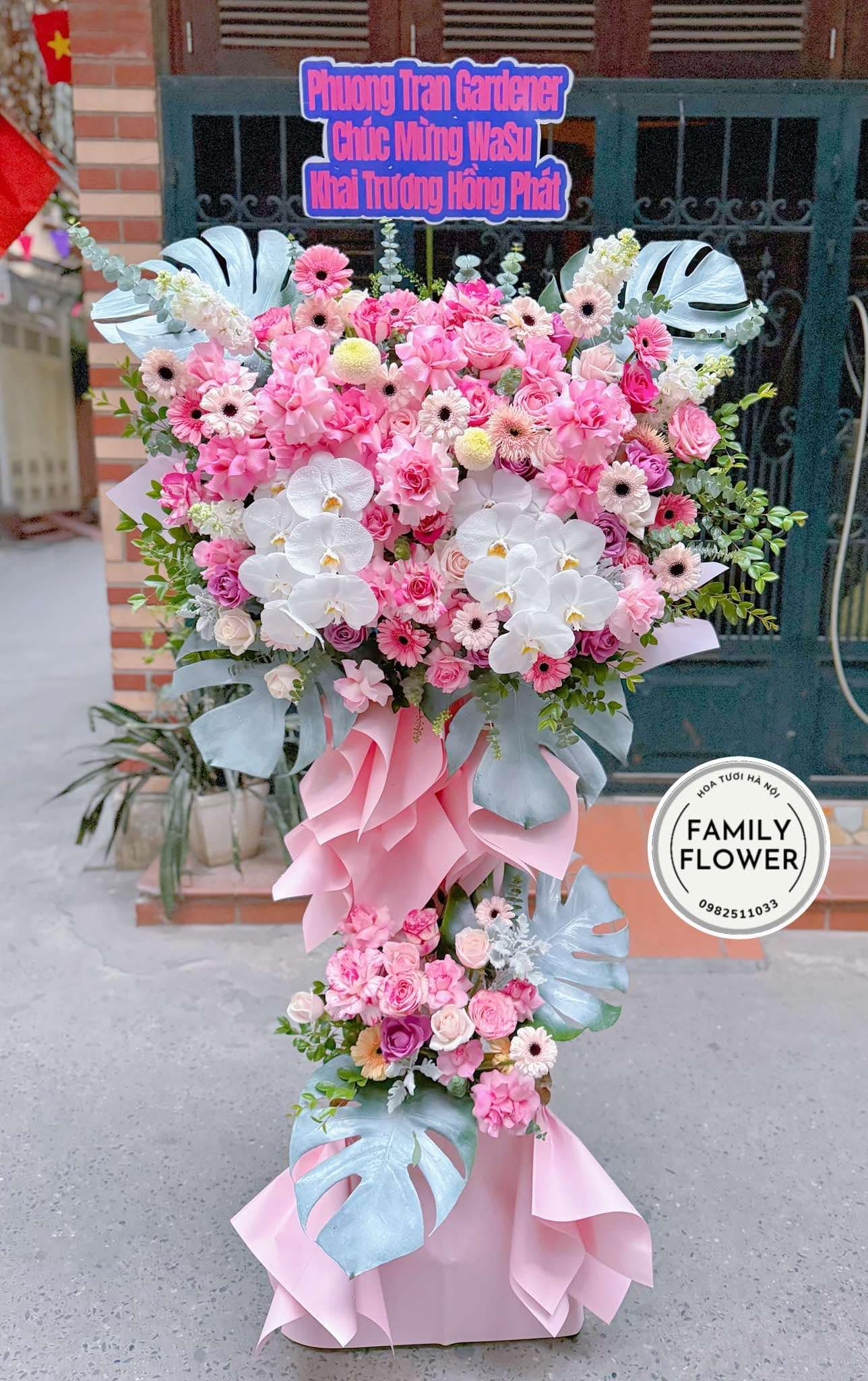 Kệ hoa tone hồng tặng chúc mừng khai trương tại quận Ba Đình ! Mua hoa tươi online Hà Nội