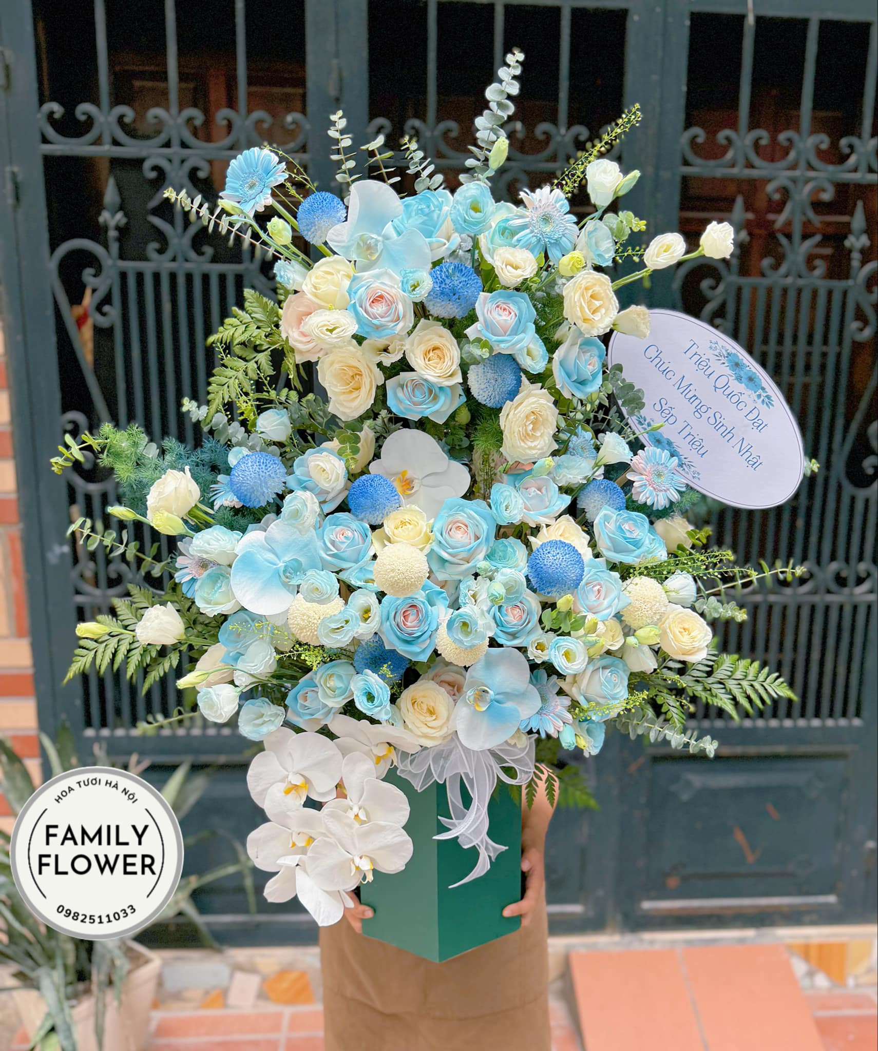 Lẵng hoa tone xanh tặng sinh nhật quận Ba Đình Hà Nội ! Mua hoa sinh nhật Ba Đình ! Hoa hà nội