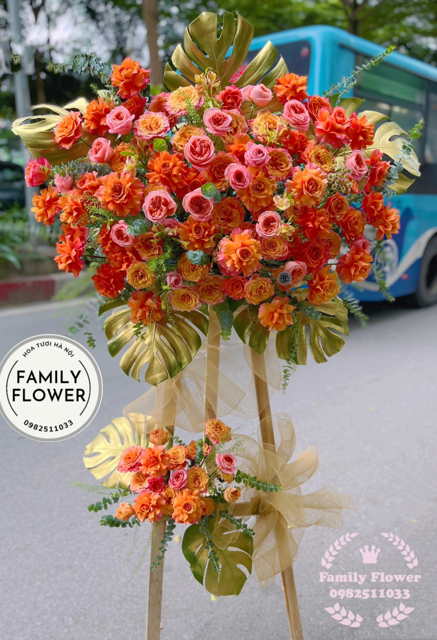 Kệ hoa tone cam hồng sang trọng , vip tặng khai trương, sự kiện đẹp tại Hà Nội! Hoa khai trương Hà Nội, hoa tươi Hà Nội