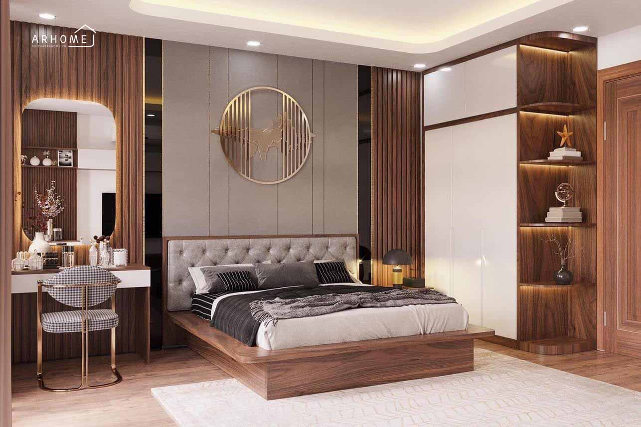 Giường ngủ gỗ tự nhiên đẹp với kệ đầu giường tích hợp