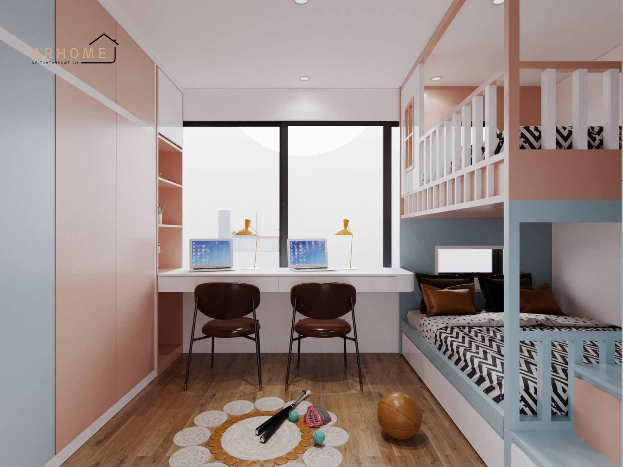 Giường ngủ màu hồng cho bé gái kiểu giường tầng