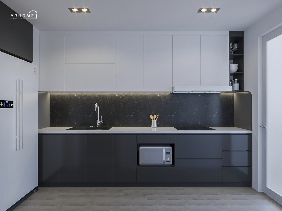 Kệ tủ bếp chữ I với mẫu tủ bếp inox cánh acrylic