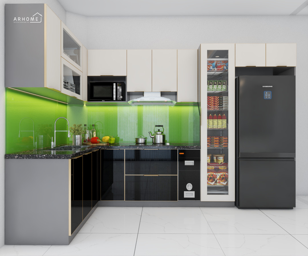 Kiểu dáng tủ bếp inox hình chữ L cánh kính