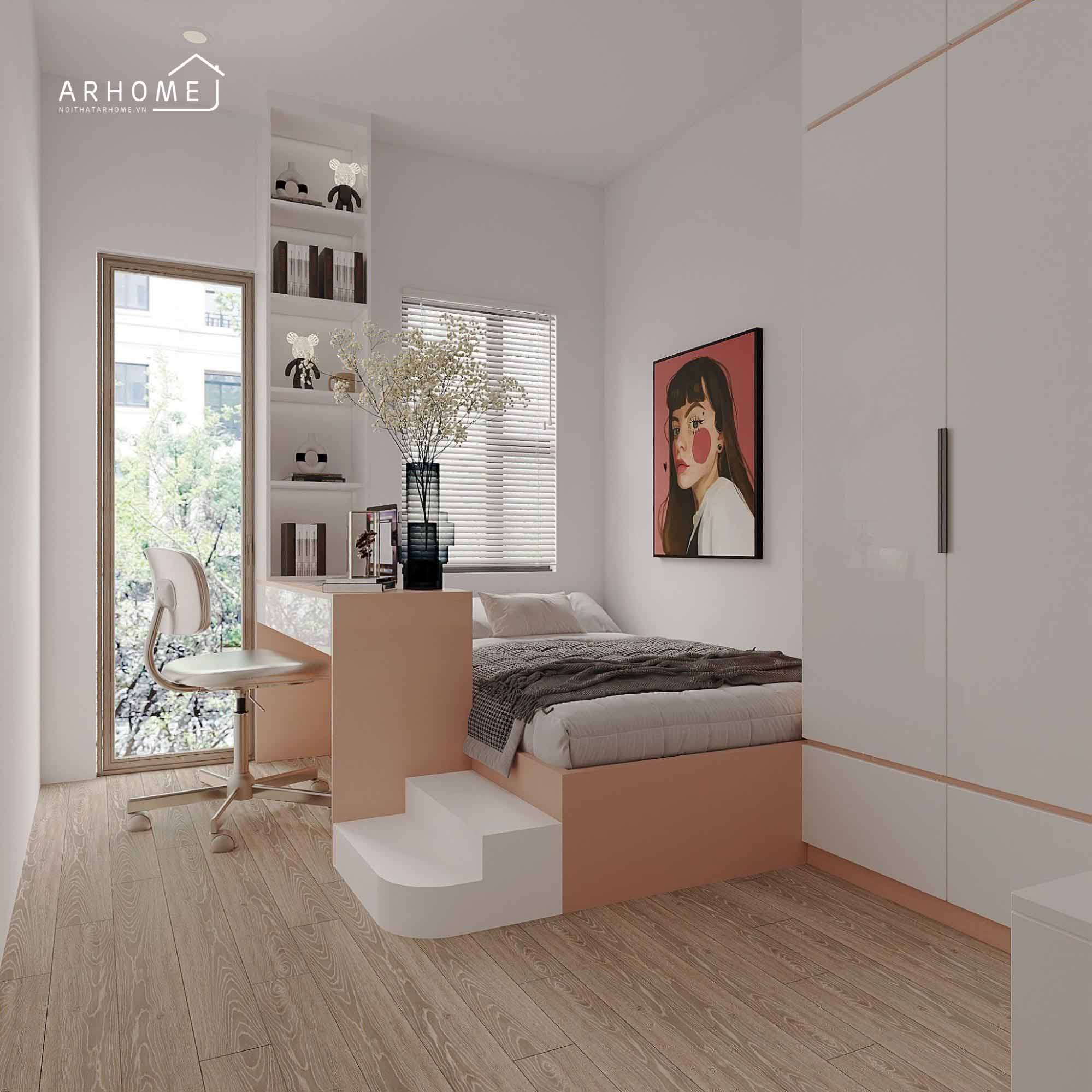 Mẫu giường ngủ màu hồng bằng gỗ công nghiệp chống ẩm