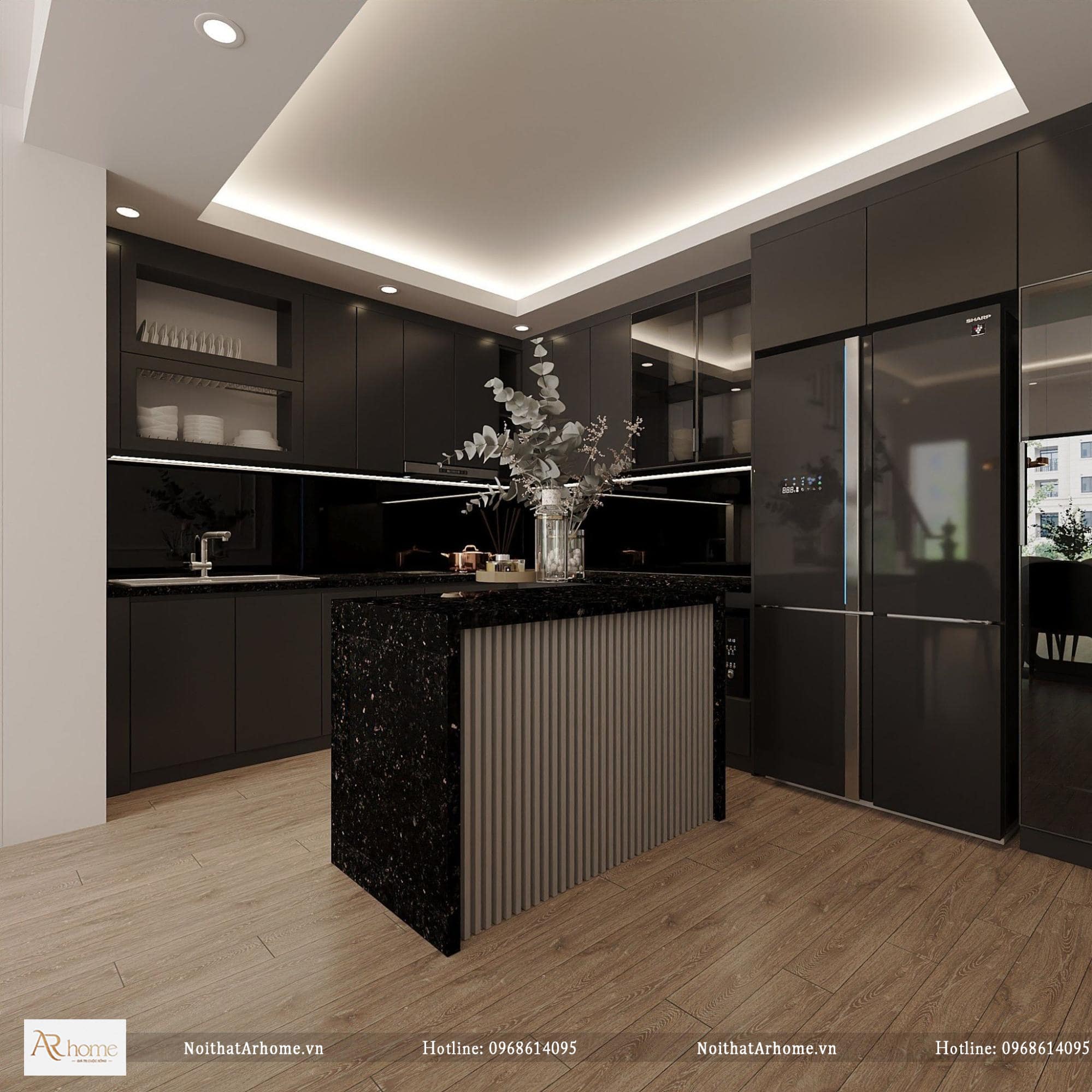 Mẫu tủ bếp Acrylic màu đen lịch lãm