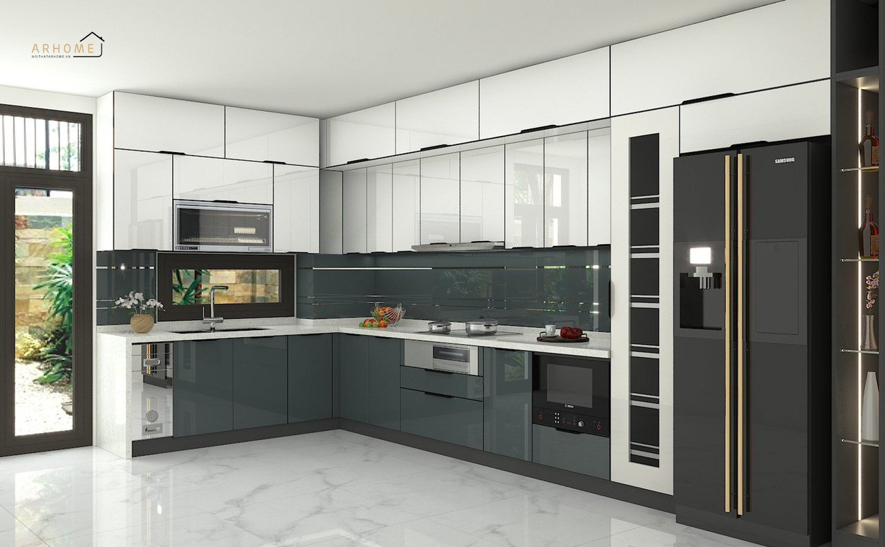 Mẫu tủ bếp cánh kính đẹp hình chữ L gam màu sáng