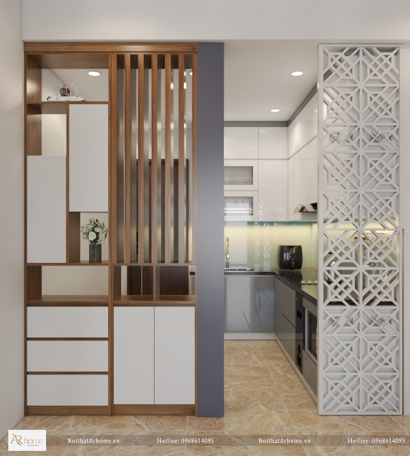 Mẫu tủ bếp Acrylic có vách ngăn