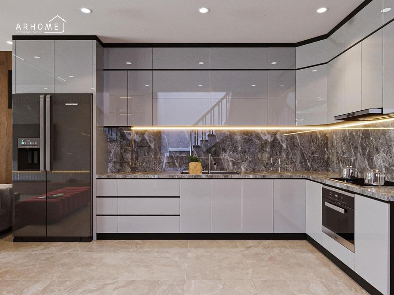 Mẫu tủ bếp khung inox cánh Acrylic màu trắng hiện đại