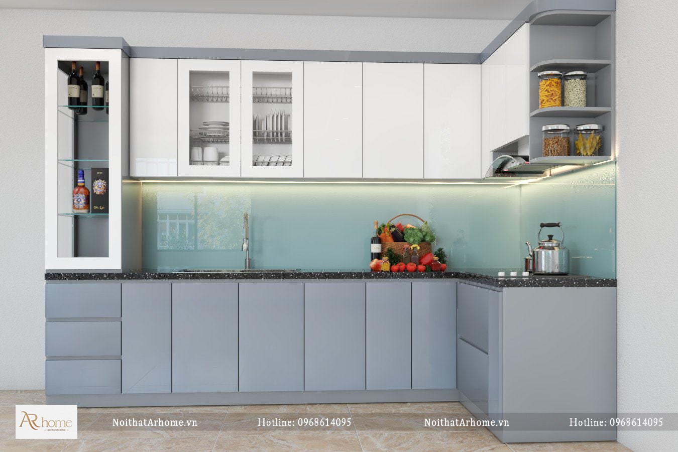 Mẫu tủ bếp Acrylic kết hợp tone xanh