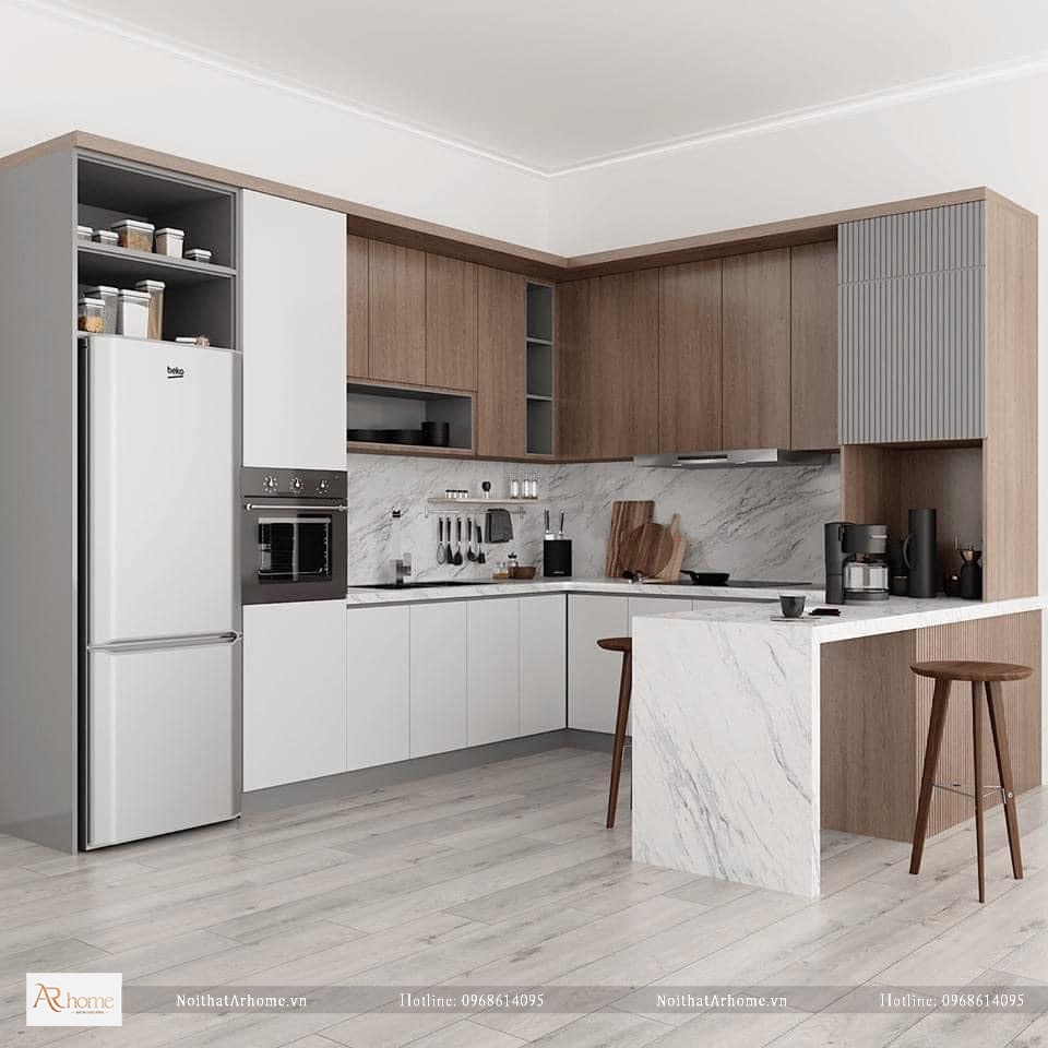 Tủ bếp Acrylic kết hợp với quầy bar