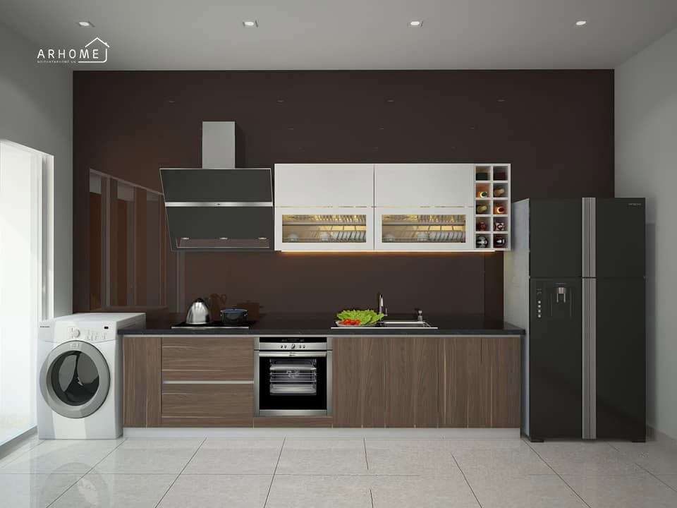Thi công tủ bếp inox cánh Acrylic đẹp màu vân gỗ
