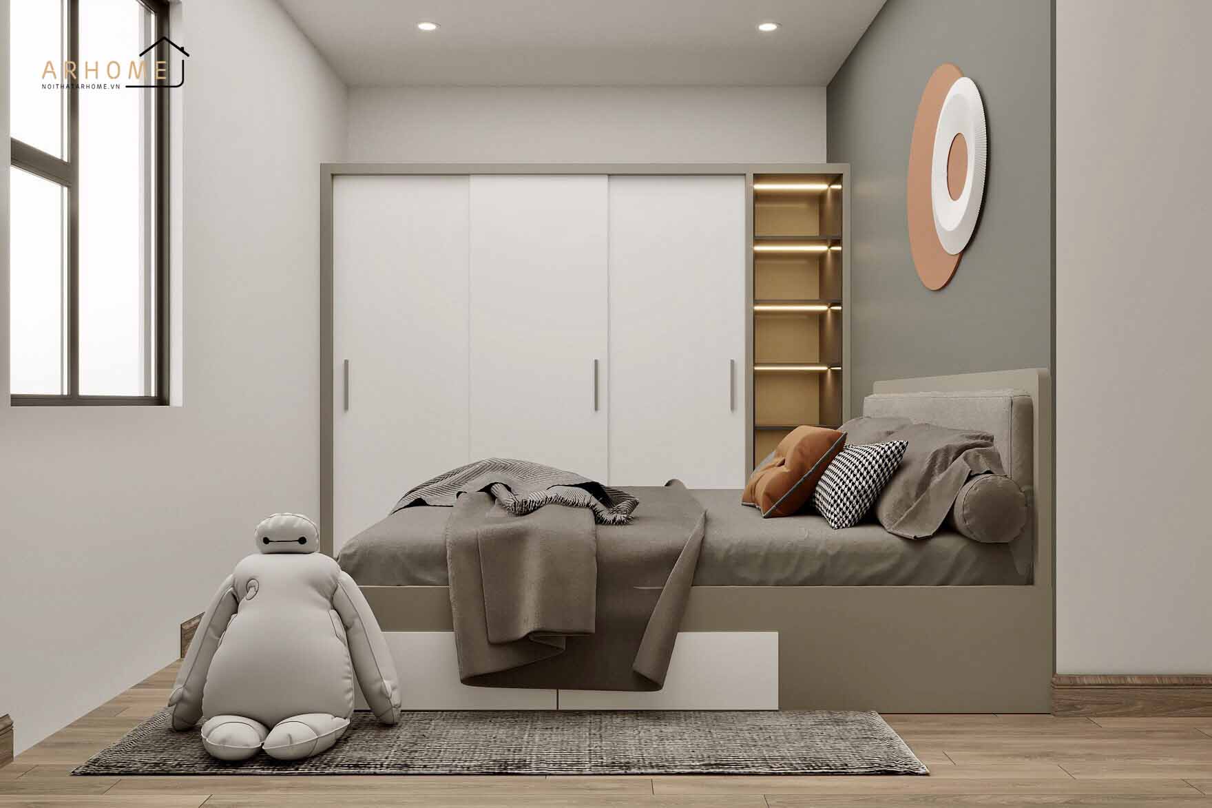 Thiết kế giường gỗ màu xám 1m2 dành cho bé trai đẹp