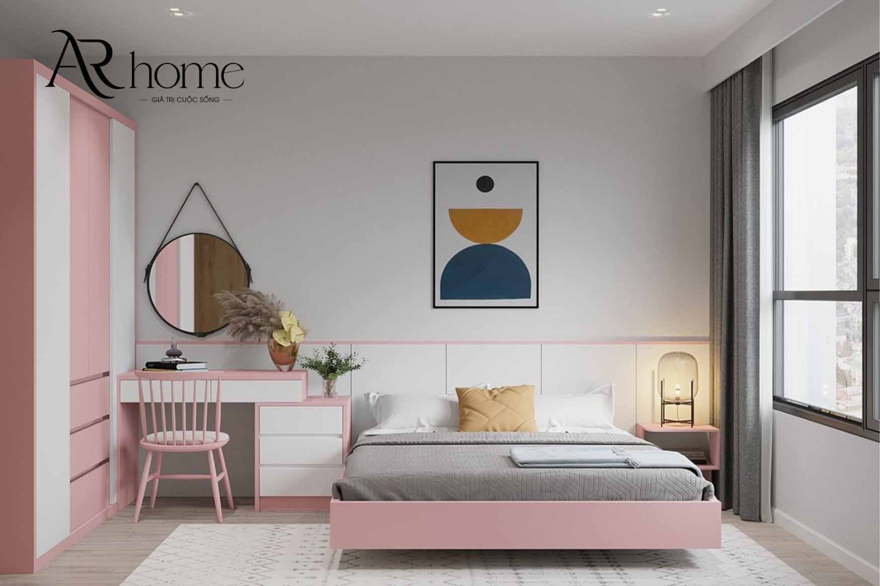 Thiết kế giường ngủ đơn màu hồng cho bé gái