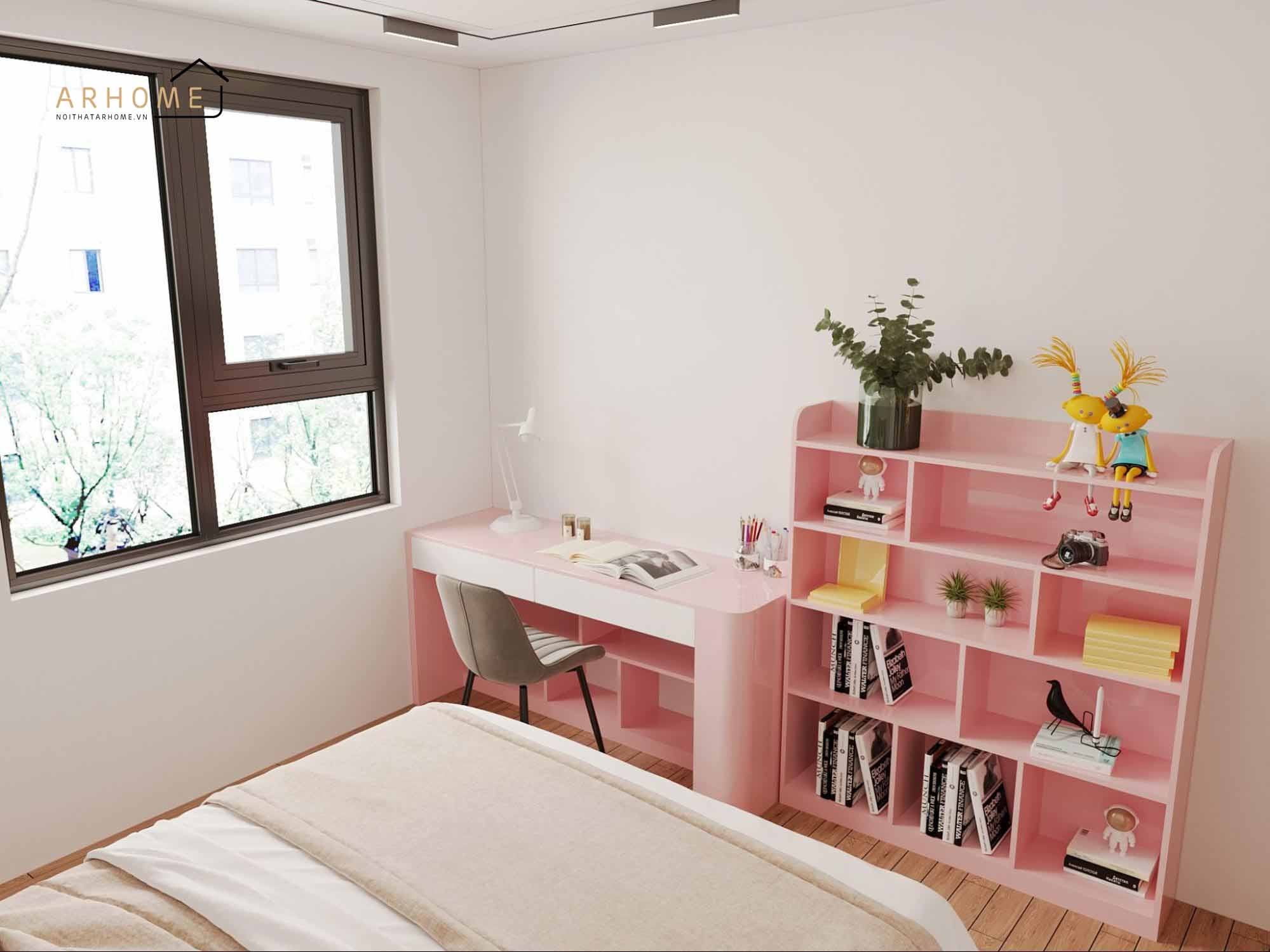 Thiết kế mẫu giường ngủ cho bé gái kết hợp bàn học và giá sách