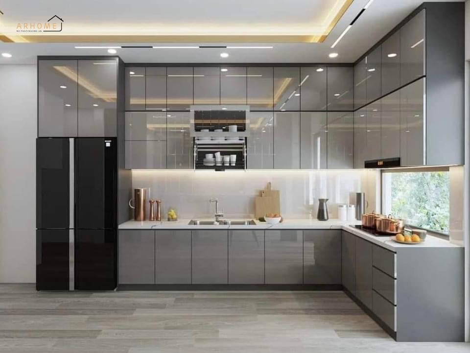 Thiết kế tủ bếp inox hình chữ L cánh phủ Acrylic