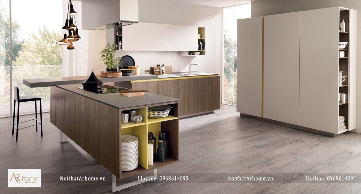 Thiết kế tủ bếp Acrylic đẹp kết hợp quầy bar