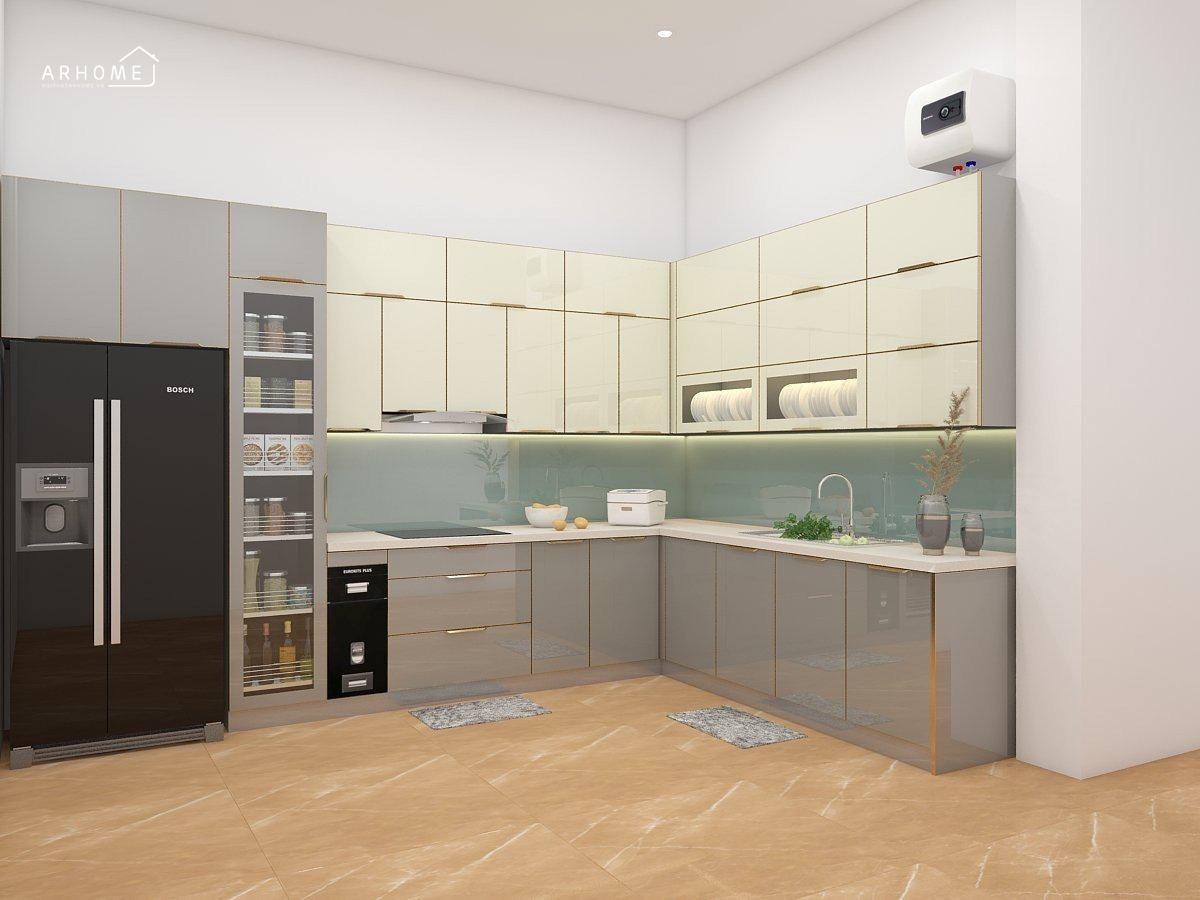 Tủ bếp thùng inox cánh kính tone màu ghi