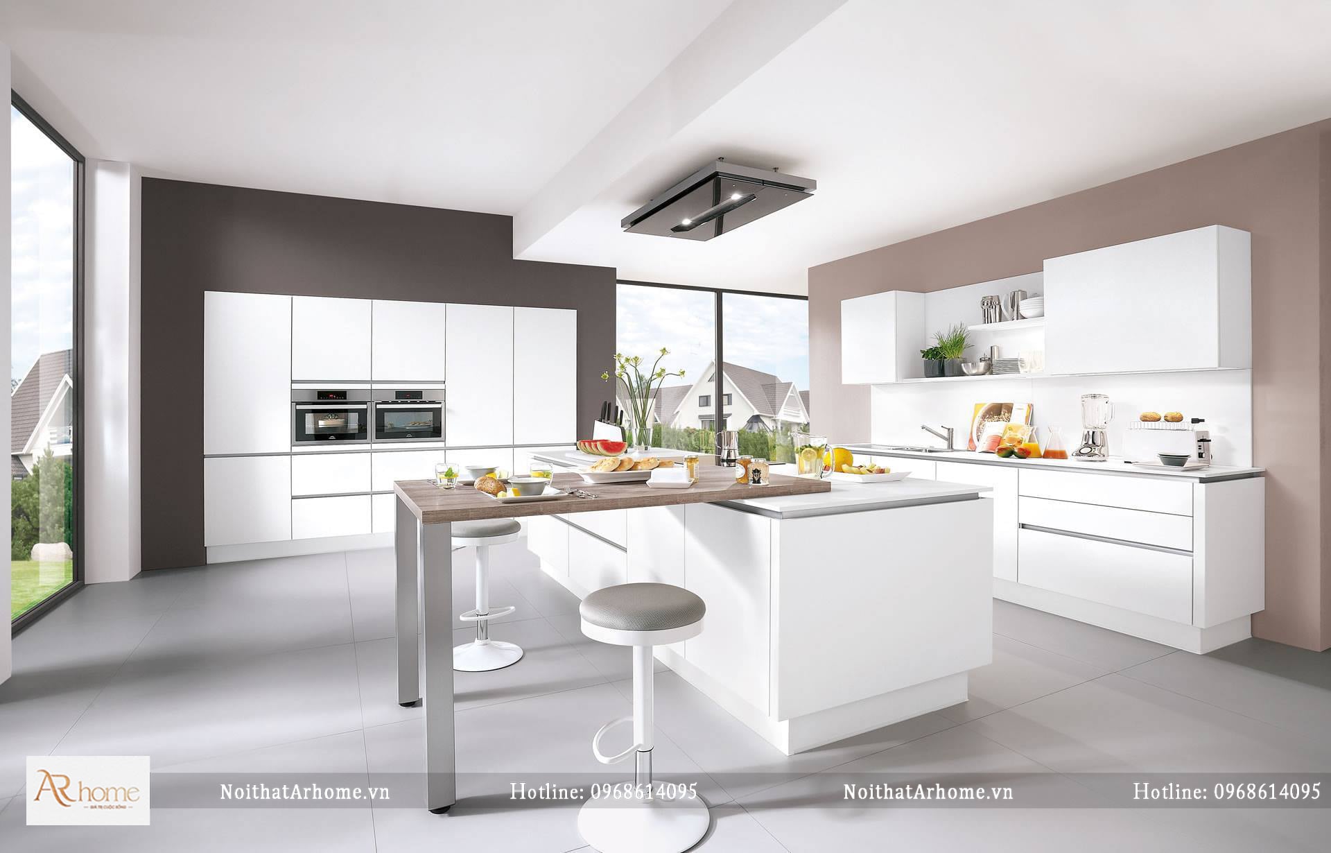 Tủ bếp cánh Acrylic kết hợp quầy bar và bàn đảo bếp