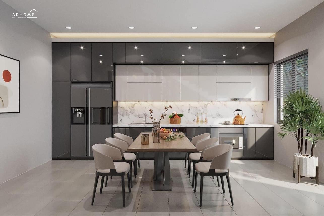 Tủ bếp inox cánh Acrylic bóng gương dáng chữ I