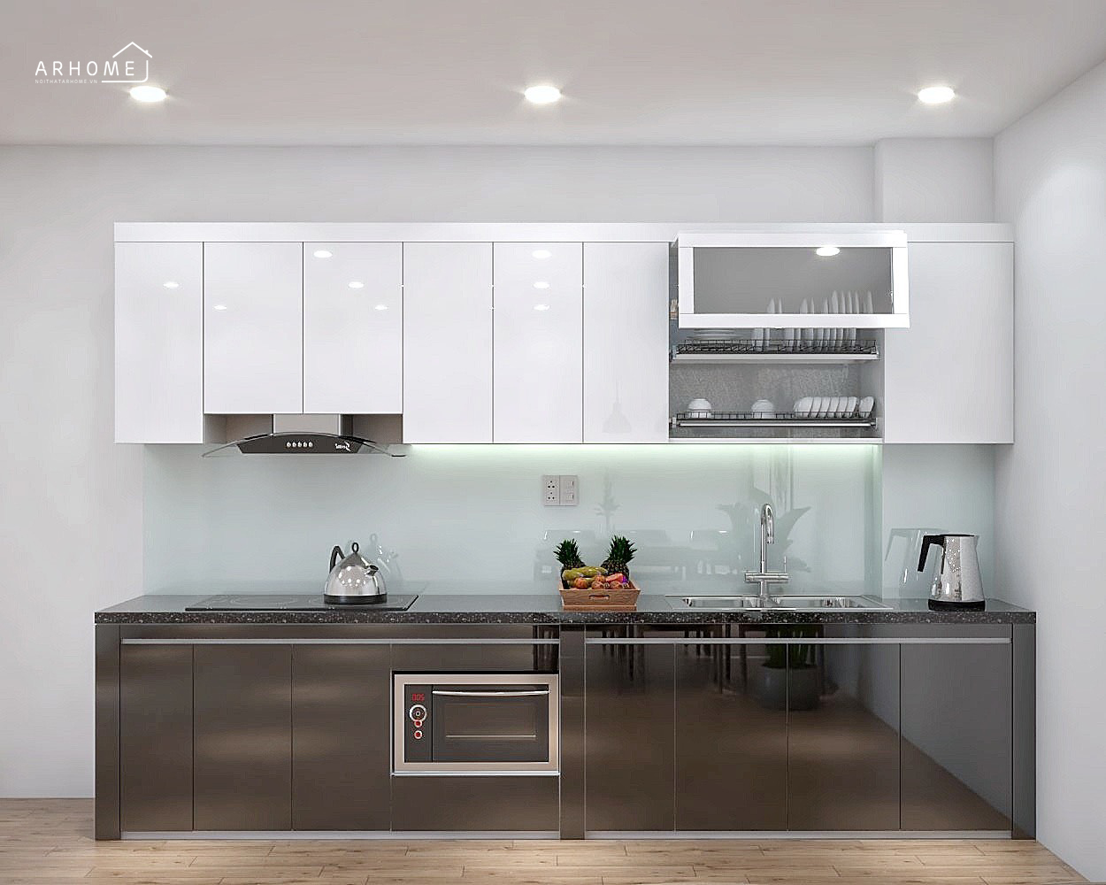 Tủ bếp inox cánh nhựa Acrylic màu trắng hiện đại