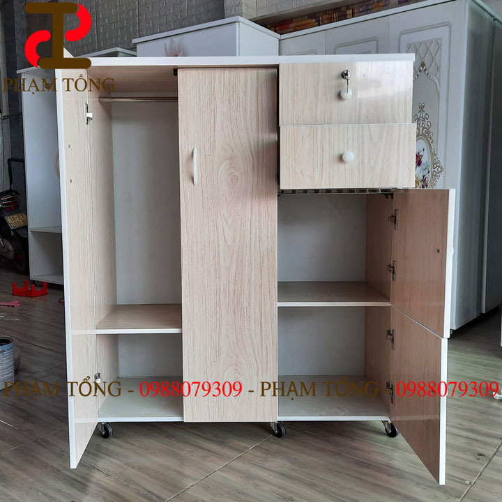 Tủ quần áo nhựa đài loan trẻ em có thanh treo và hộc tủ màu giả gỗ