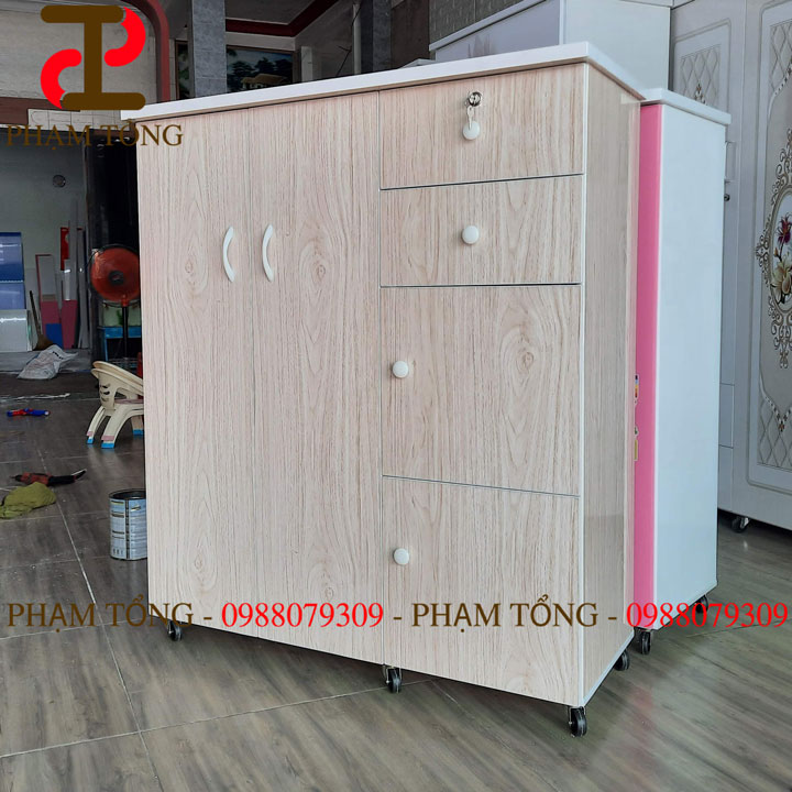 Tủ quần áo nhựa đài loan trẻ em có thanh treo và hộc tủ màu giả gỗ