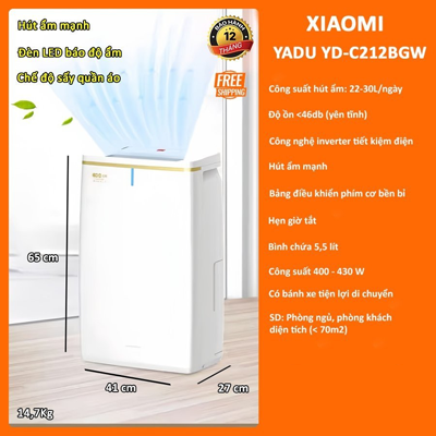 Máy hút ẩm Xiaomi Yadu YD-C212BGW tích hợp cả biến độ ẩm