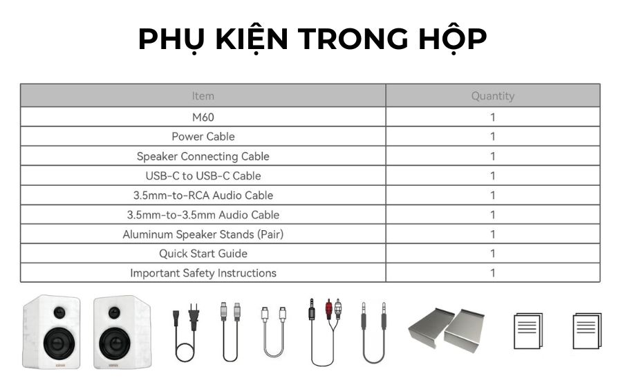 Phụ kiện đầy đủ kết nối và chân loa nhôm tạo góc nghiêng hoàn hảo