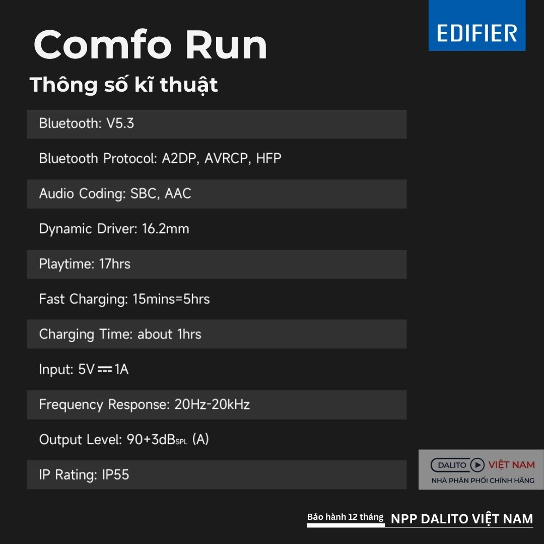 Tai nghe Edifier Comfo Run thông số kĩ thuật