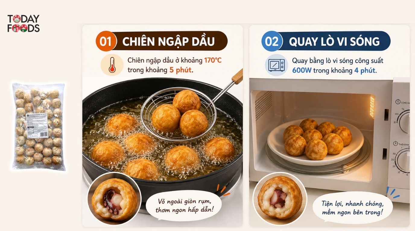 Cách chế biến Bánh Nhân Bạch Tuộc Takoyaki Đông Lạnh (40 viên x 30g) 1.200G