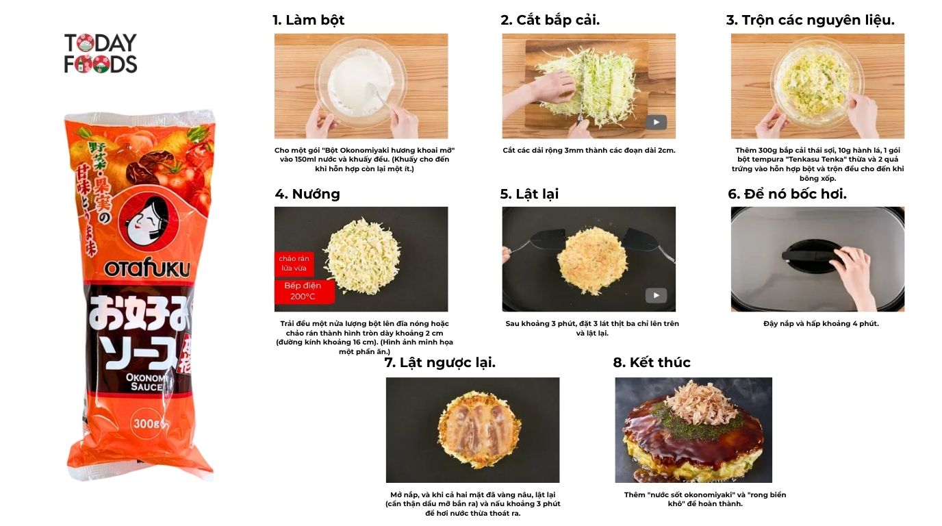 Cách làm Okonomiyaki kiểu Kansai bằng Xốt Okonomi Otafuku Nhật Bản 300G