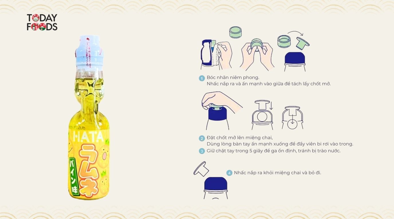 Cách mở nắp Nước Soda Ramune Hata Nhật Bản Vị Dứa 200ML