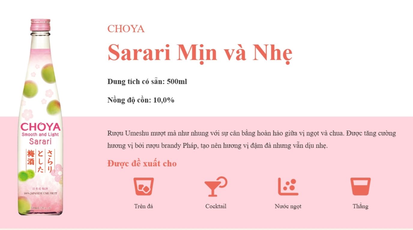 Giới Thiệu Rượu Mơ Choya Sarari Smooth and Light 10% 500ml