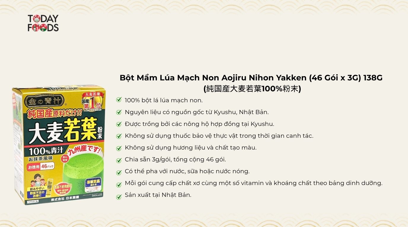 Ưu Điểm Bột Mầm Lúa Mạch Non Aojiru Nihon Yakken (46 Gói x 3G) 138G