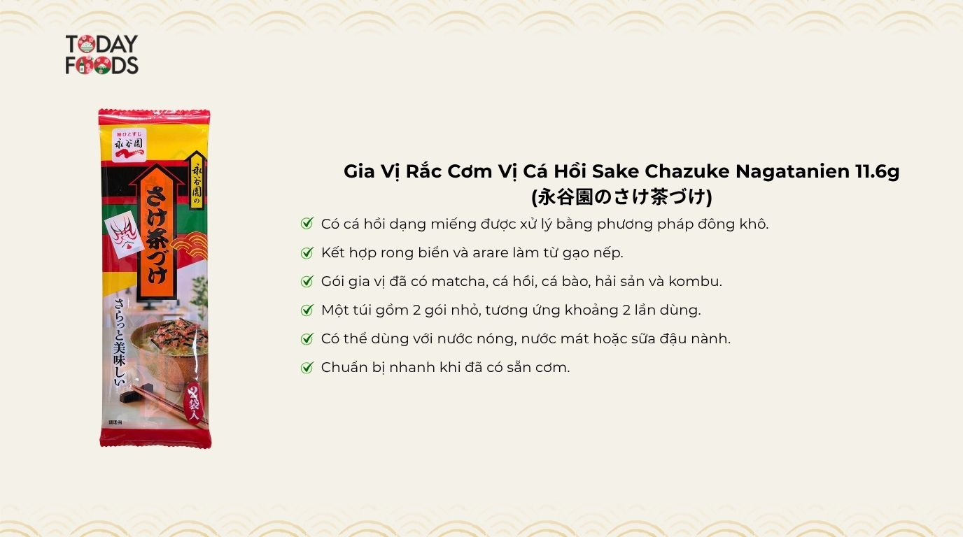 Ưu Điểm Gia Vị Rắc Cơm Vị Cá Hồi Sake Chazuke Nagatanien 11.6g