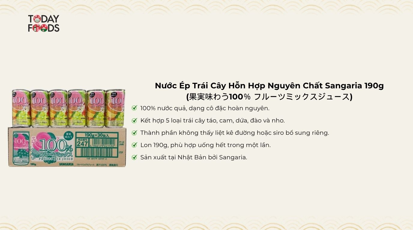 Ưu Điểm Nước Ép Trái Cây Hỗn Hợp Nguyên Chất Sangaria 190g