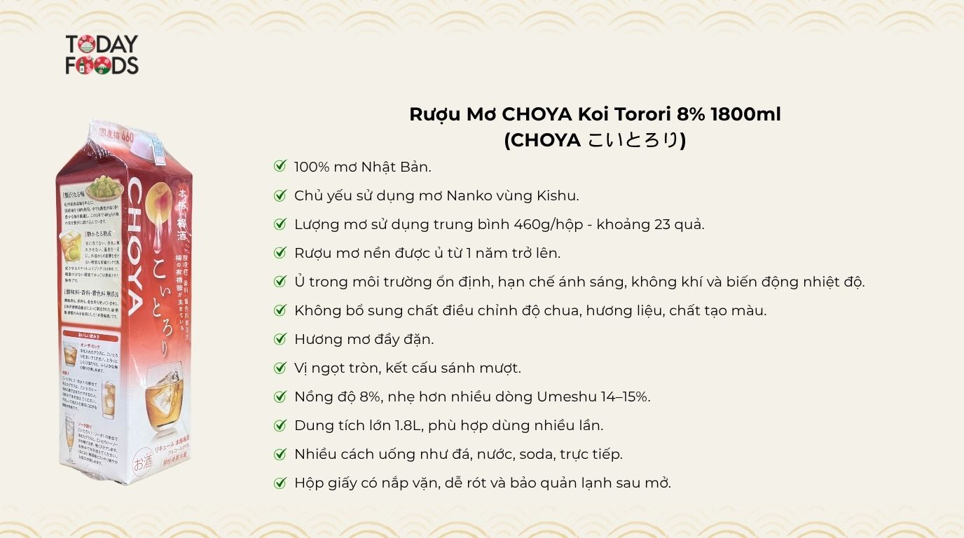 Ưu Điểm Rượu Mơ CHOYA Koi Torori 8% 1800ml