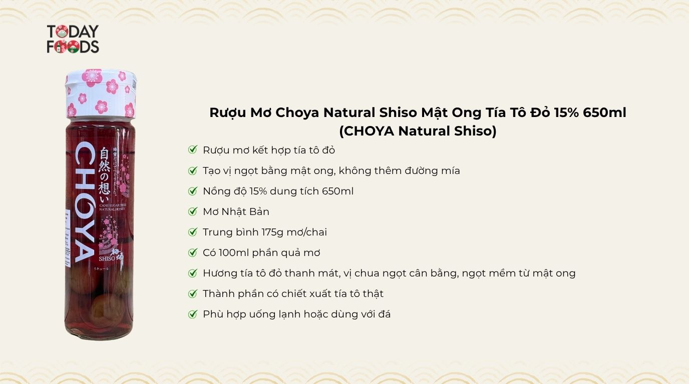 Ưu Điểm Rượu Mơ Choya Natural Shiso Mật Ong Tía Tô Đỏ 15% 650ml