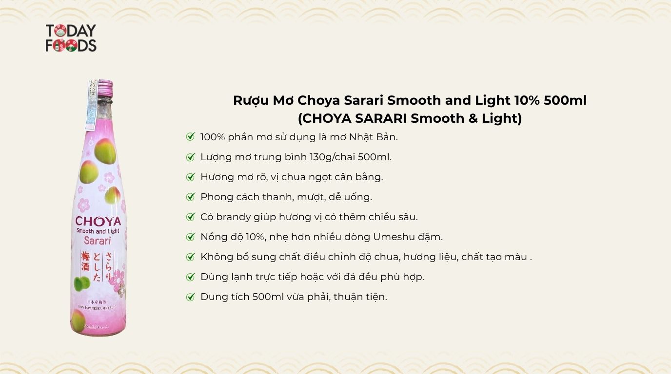 Ưu Điểm Rượu Mơ Choya Sarari Smooth and Light 10% 500ml