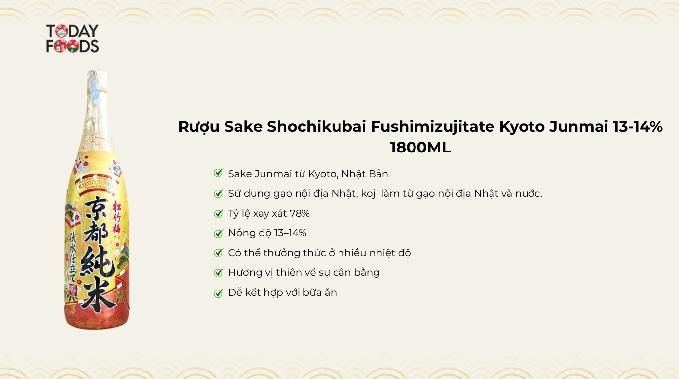 Ưu Điểm Rượu Sake Shochikubai Fushimizujitate Kyoto Junmai 13-14% 1800ML