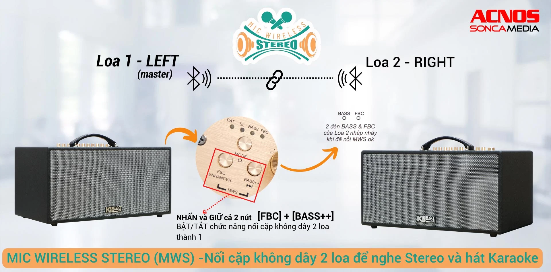 Mic Wireless Stereo là một trong những tính năng mới của loa CS450neo cho khả năng ghép đôi 2 loa di động