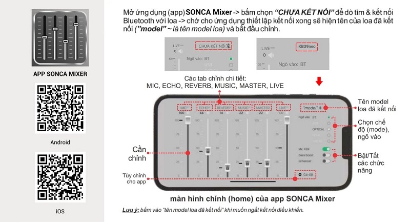app sonca mixer cho loa acnos kb39neo