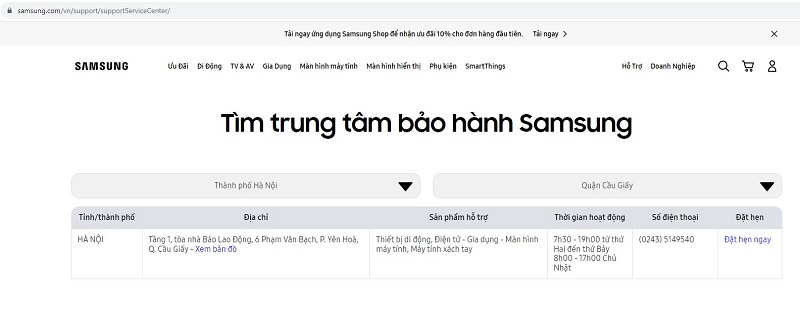 địa chỉ trung tâm bảo hành samsung