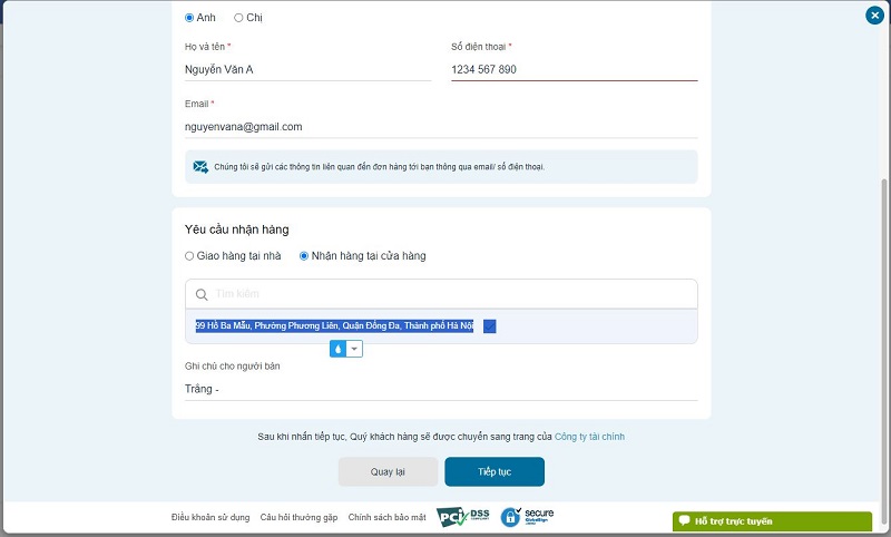 điền thông tin người mua trả góp