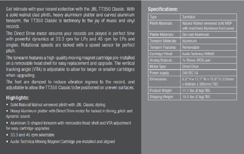 Thông số kỹ thuật của đầu đĩa than JBL TT350 Classic