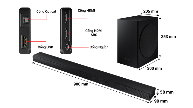 kích thước loa samsung hw t650