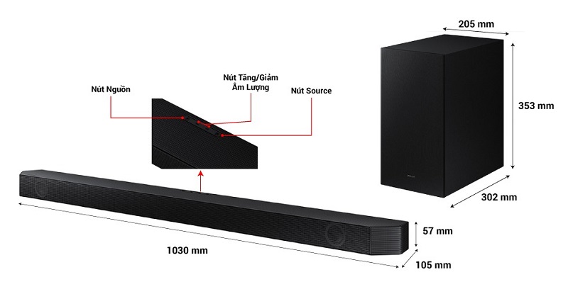 kích thước loa soundbar hw q630b