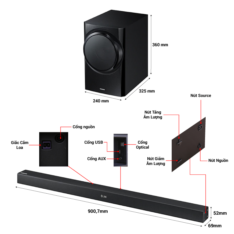 kích thước loa soundbar samsung hw k350